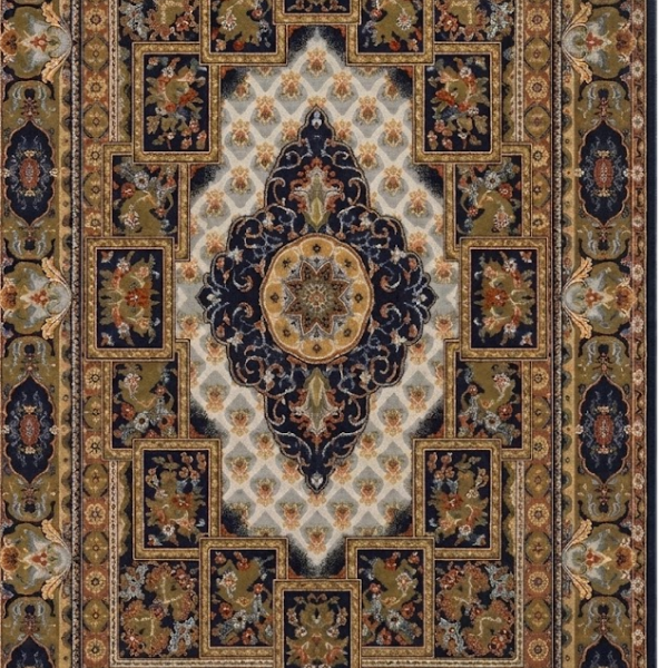 Large 3m x 2m Persian medallion rug in navy blue and gold with plush velvet texture.