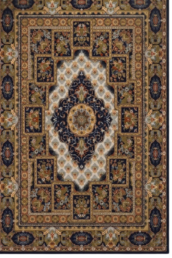 Untitled design (2) Large 3m x 2m Persian medallion rug in navy blue and gold with plush velvet texture.