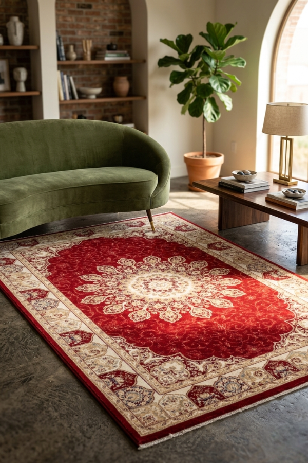 Safe and Save 3m x 2m red and cream Persian rug with large central medallion and plush velvet texture.