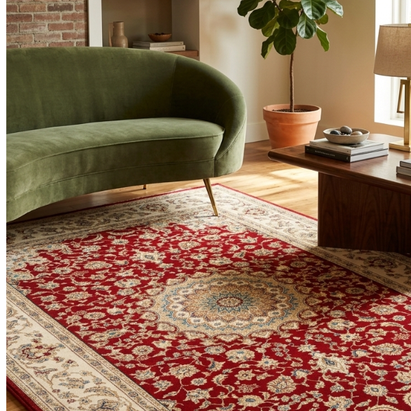 Safe and Save Ltd Auckland - 3m x 2m Ruby Red and Cream Persian Rug with plush velvet texture.