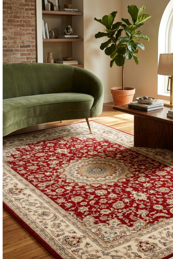 Untitled design (2) Safe and Save Ltd Auckland - 3m x 2m Ruby Red and Cream Persian Rug with plush velvet texture.