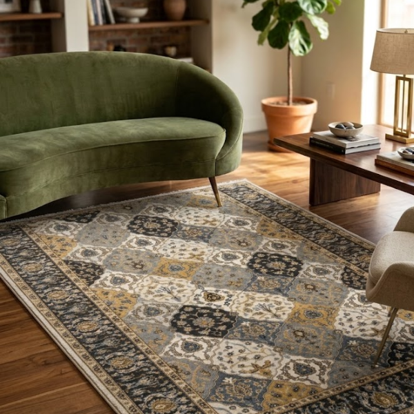 Safe and Save Ltd Auckland - 3m x 2m Grey and Gold Mosaic Persian Rug with plush velvet texture and diamond pattern.