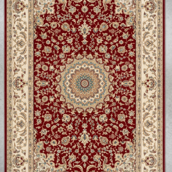 Safe and Save Ltd Auckland - 3m x 2m Ruby Red and Cream Persian Rug with plush velvet texture.