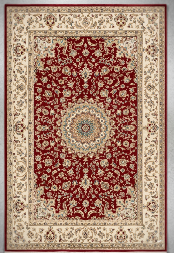 Untitled design (3) Safe and Save Ltd Auckland - 3m x 2m Ruby Red and Cream Persian Rug with plush velvet texture.