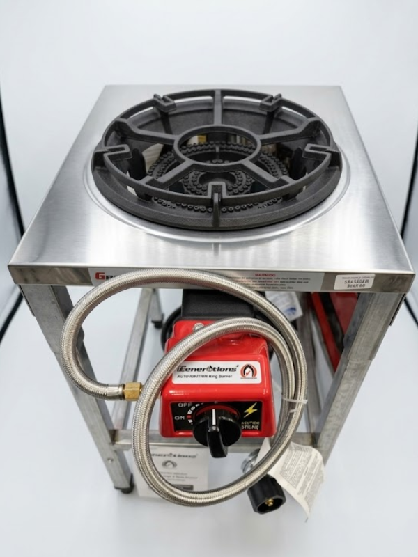 Untitled design (4) Professional 2-ring LPG gas stove with stainless steel regulator and heavy-duty outdoor stand.
