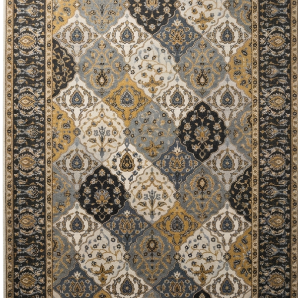 Safe and Save Ltd Auckland - 3m x 2m Grey and Gold Mosaic Persian Rug with plush velvet texture and diamond pattern.