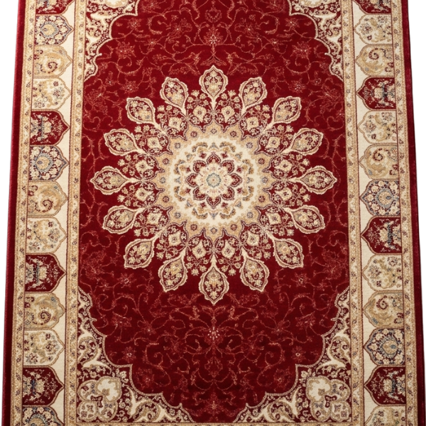 Safe and Save 3m x 2m red and cream Persian rug with large central medallion and plush velvet texture.