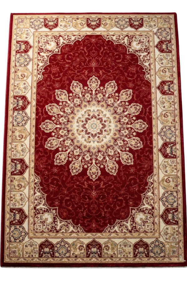 Safe and Save 3m x 2m red and cream Persian rug with large central medallion and plush velvet texture.