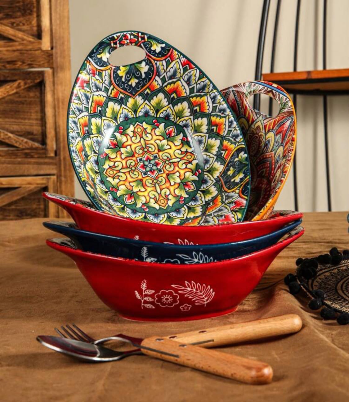 02 Painted Mandala Ceramic Oval Salad & Baking Bowl Ceramic Oval Salad Bowl with Handles (500 ml) | Safe & Save NZ