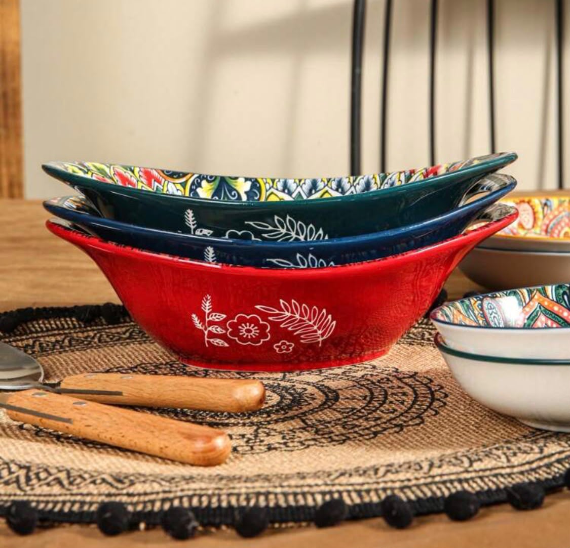 03. Painted Mandala Ceramic Oval Salad & Baking Bowl