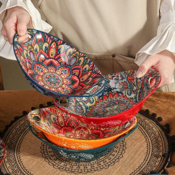 Buy single mandala ceramic oval salad & baking bowl with handles ($22.5\text{ cm} \times 16.5\text{ cm}$) in Auckland at Safe & Save. Microwave, oven & dishwasher safe