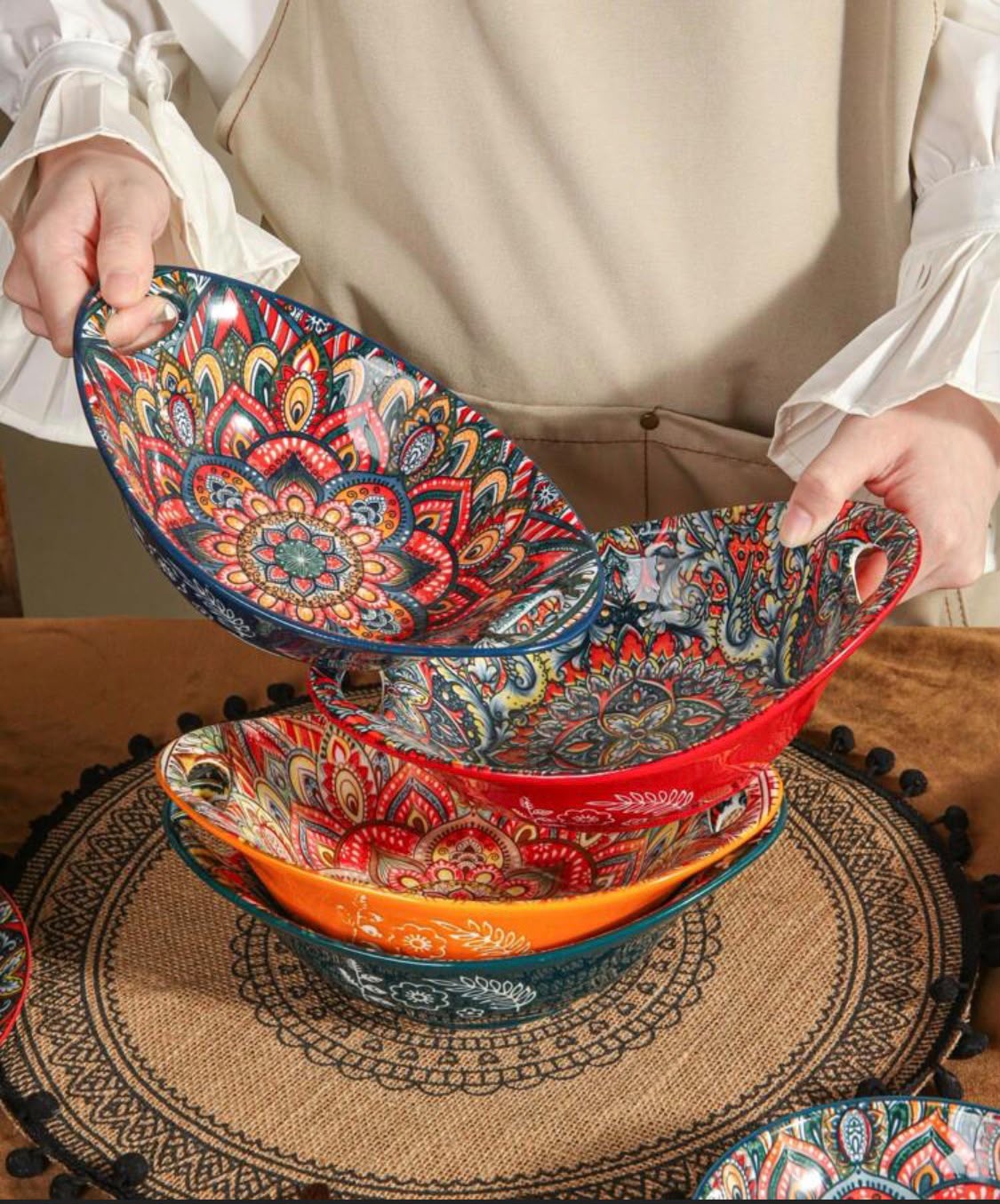 04. Painted Mandala Ceramic Oval Salad & Baking Bowl Buy single mandala ceramic oval salad & baking bowl with handles ($22.5\text{ cm} \times 16.5\text{ cm}$) in Auckland at Safe & Save. Microwave, oven & dishwasher safe