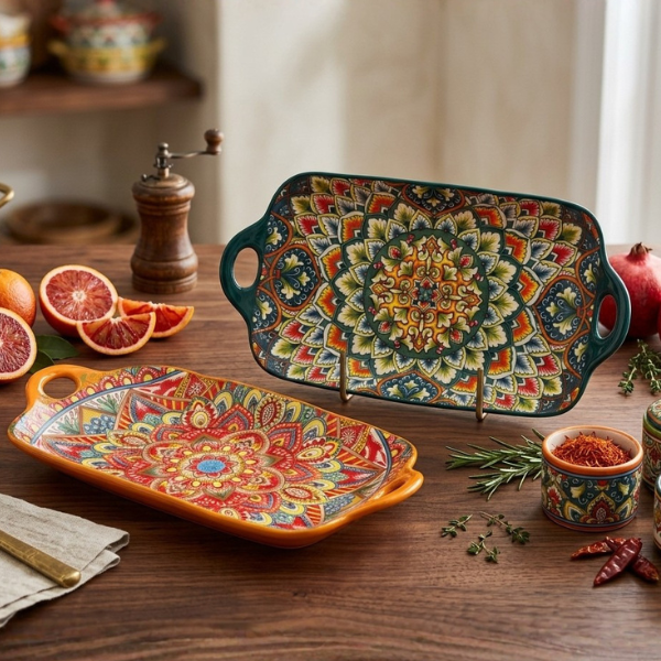 Large Bohemian Ceramic Rectangular Serving Tray with Cutout Handles 37 cm