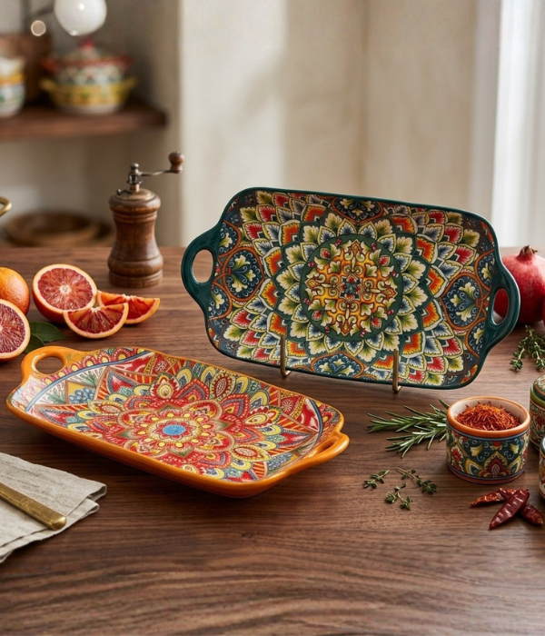 Untitled design (53) Large Bohemian Ceramic Rectangular Serving Tray with Cutout Handles 37 cm