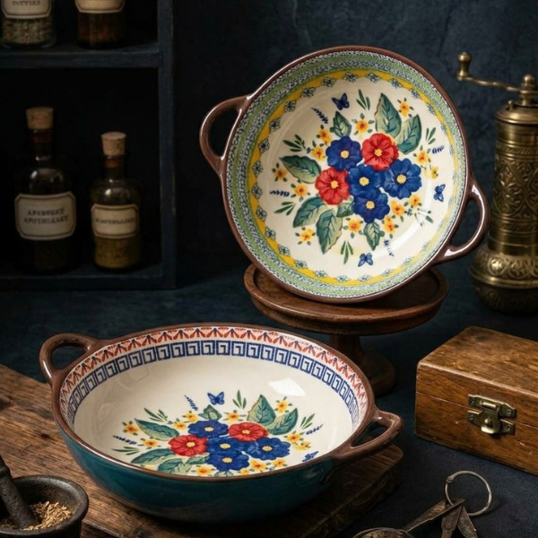 Bohemian Floral Ceramic Bowl with Handles 17.4 cm | Safe & Save NZ