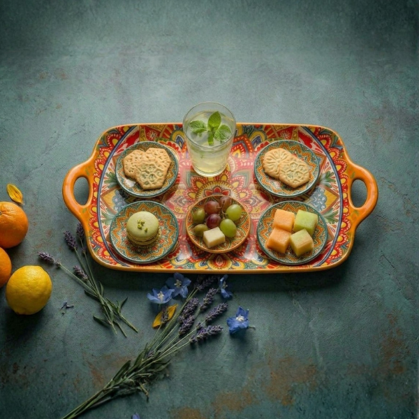 Buy 37 cm large bohemian ceramic serving platter with cutout handles in Auckland at Safe & Save