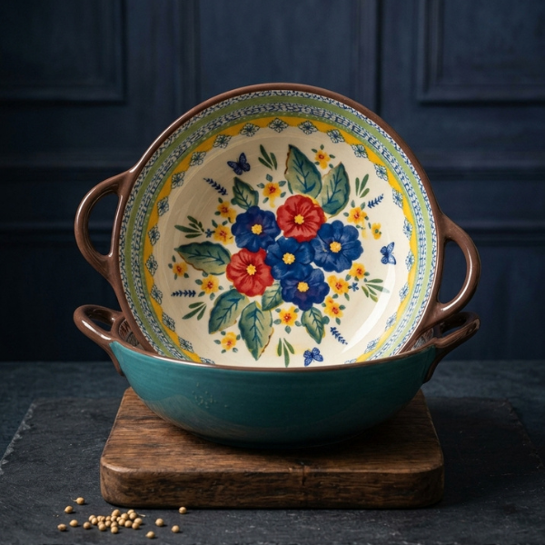 Bohemian Floral Ceramic Bowl with Handles 17.4 cm | Safe & Save NZ