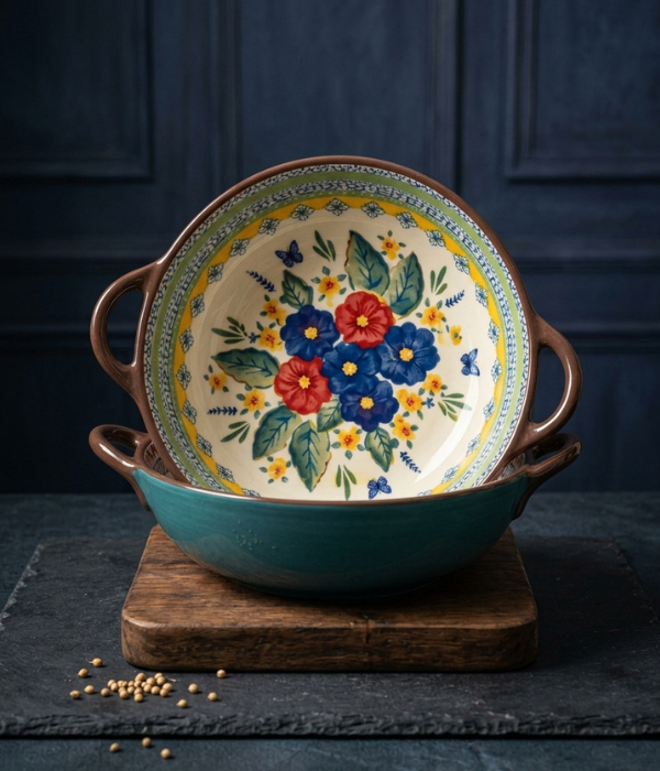Untitled design (55) Bohemian Floral Ceramic Bowl with Handles 17.4 cm | Safe & Save NZ