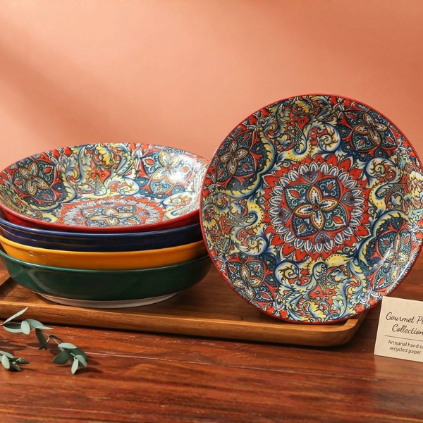 Buy colorful 20.5 cm bohemian porcelain pasta & salad bowls in Auckland at Safe & Save. Lead-free, microwave & dishwasher safe